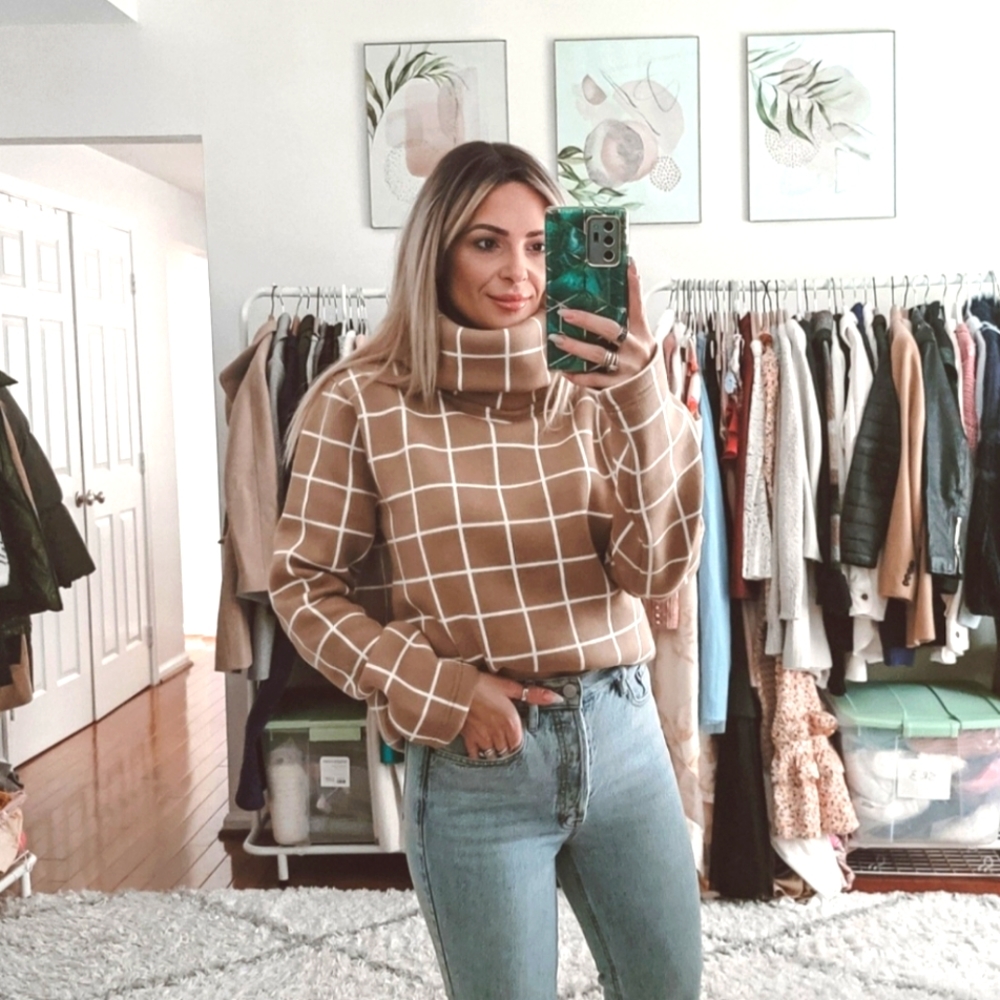 J Crew Camel Windowpane Pattern Sweater - image 1